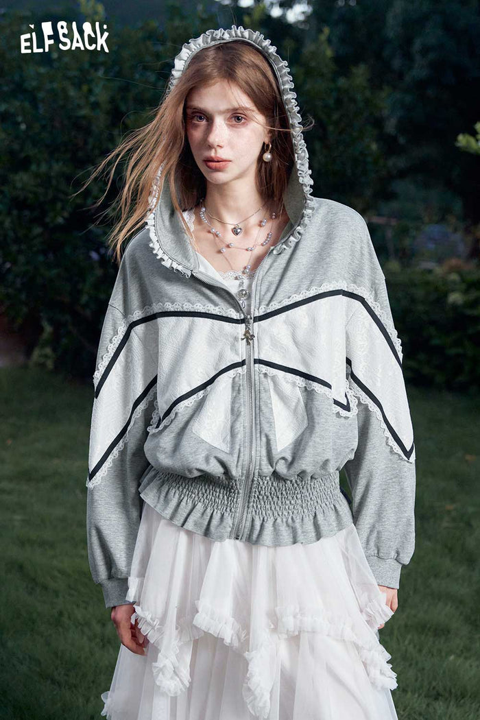 Colorblock Lace Zip Up Crop Jacket