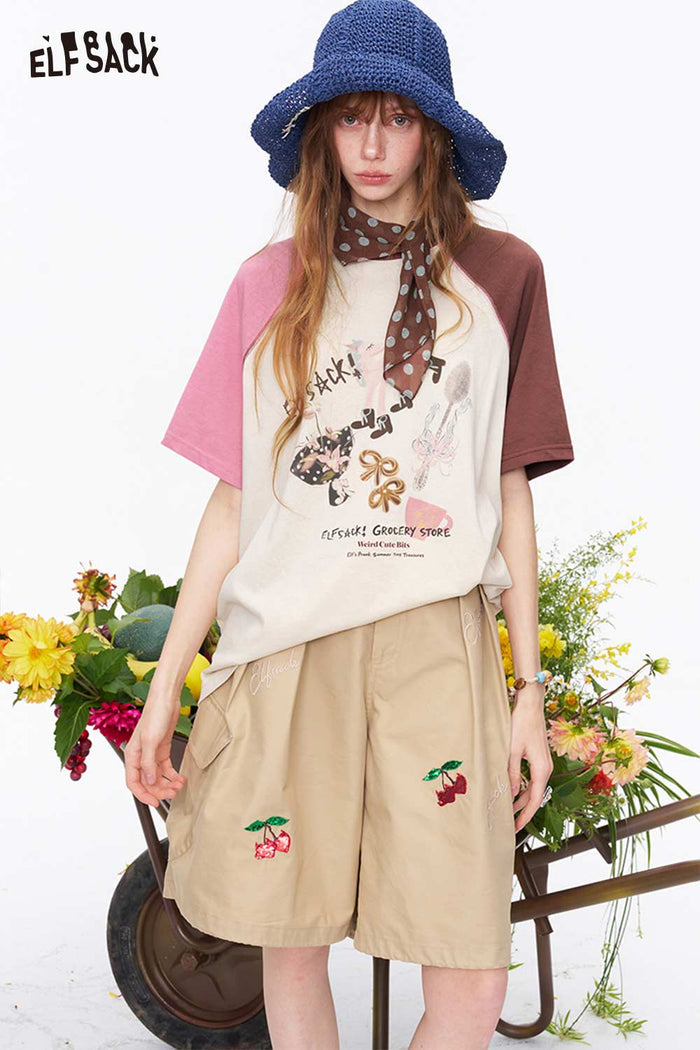 ELFSACK Colorblock Raglan Graphic Print T-Shirt