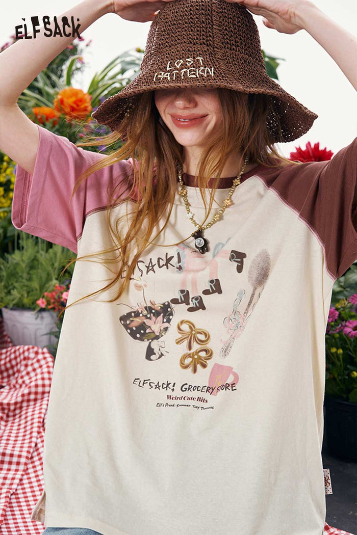 ELFSACK Colorblock Raglan Graphic Print T-Shirt