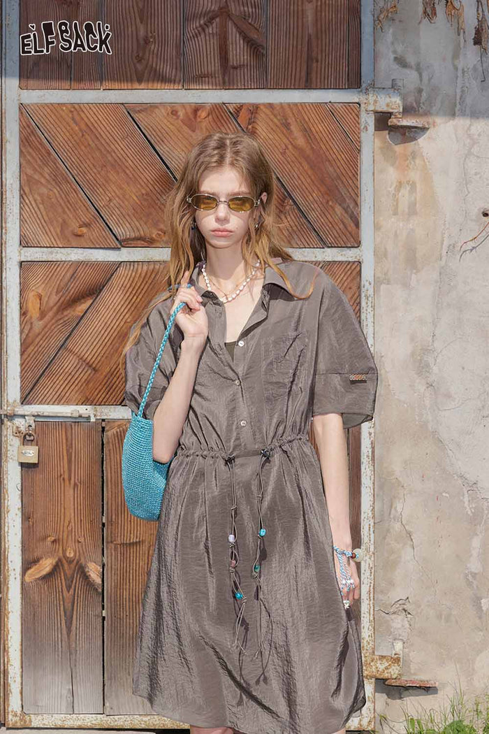 ELFSACK Colorful Button Cinched Shirt Dress