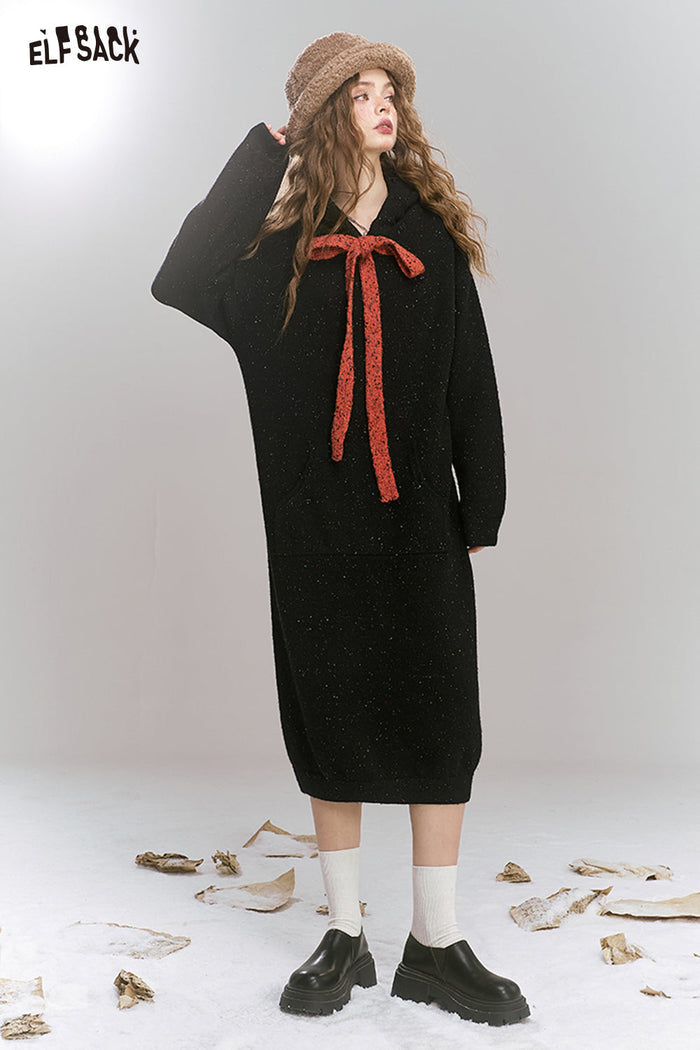 ELFSACK Colorful dots hooded pockets tie knit long dress