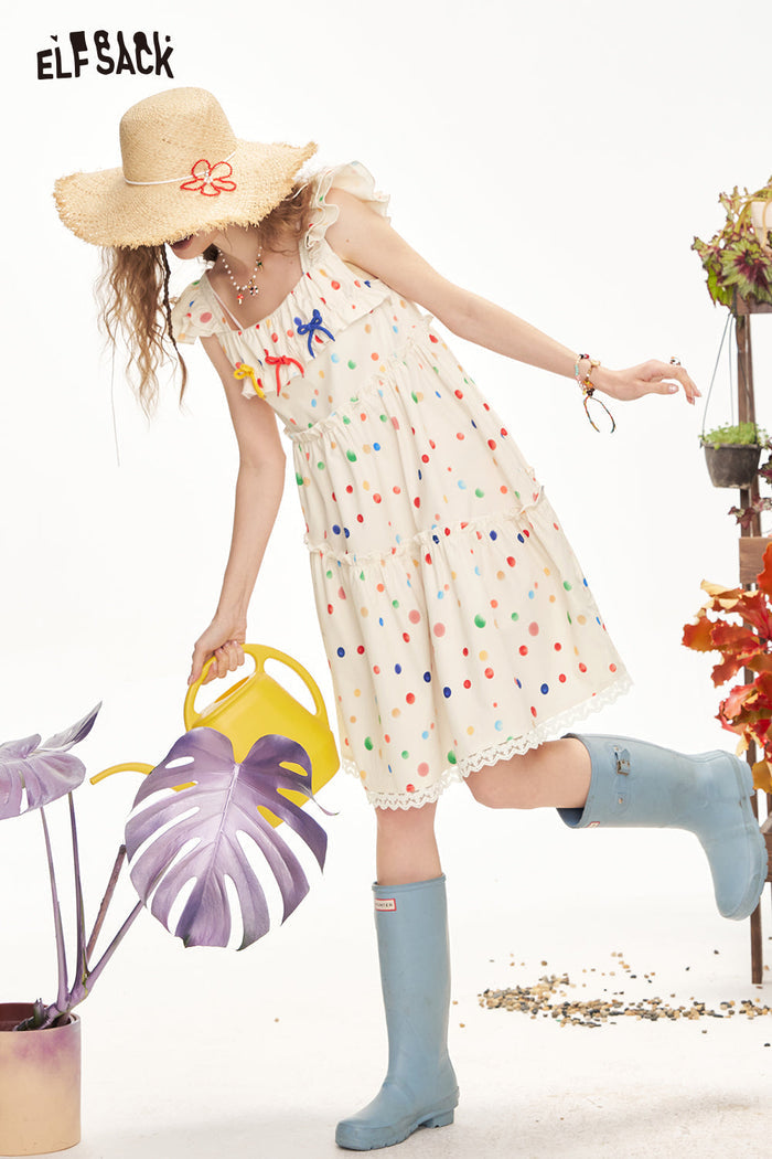 ELFSACK Colorful Polka Dot Small Fly Sleeve Suspender Chic Dress