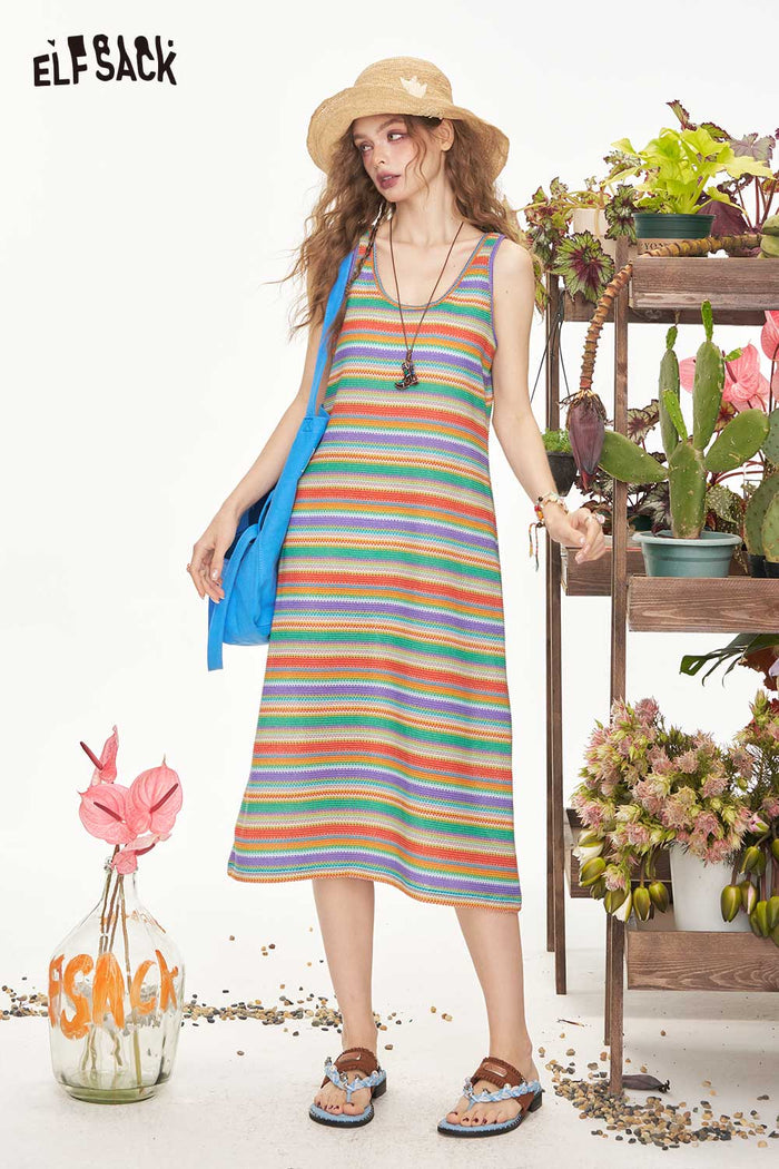 ELFSACK Colorful Striped Slip Maxi Dress
