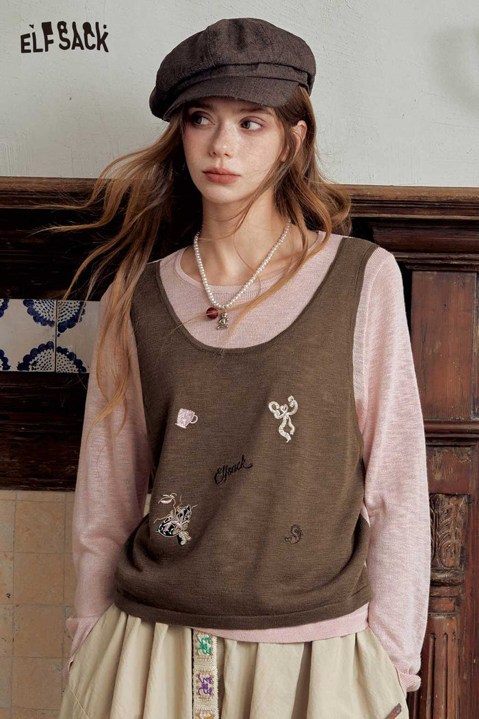 Contrast 2 In 1 Embroidered Cropped Top