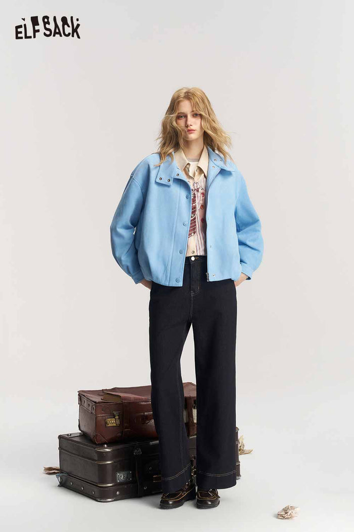 Contrast Collar Fox Embroidery Crop Jacket