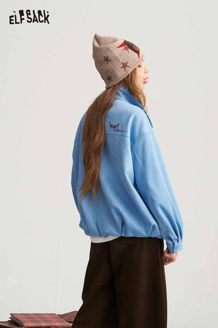 Contrast Collar Fox Embroidery Crop Jacket