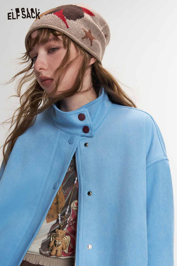 Contrast Collar Fox Embroidery Crop Jacket