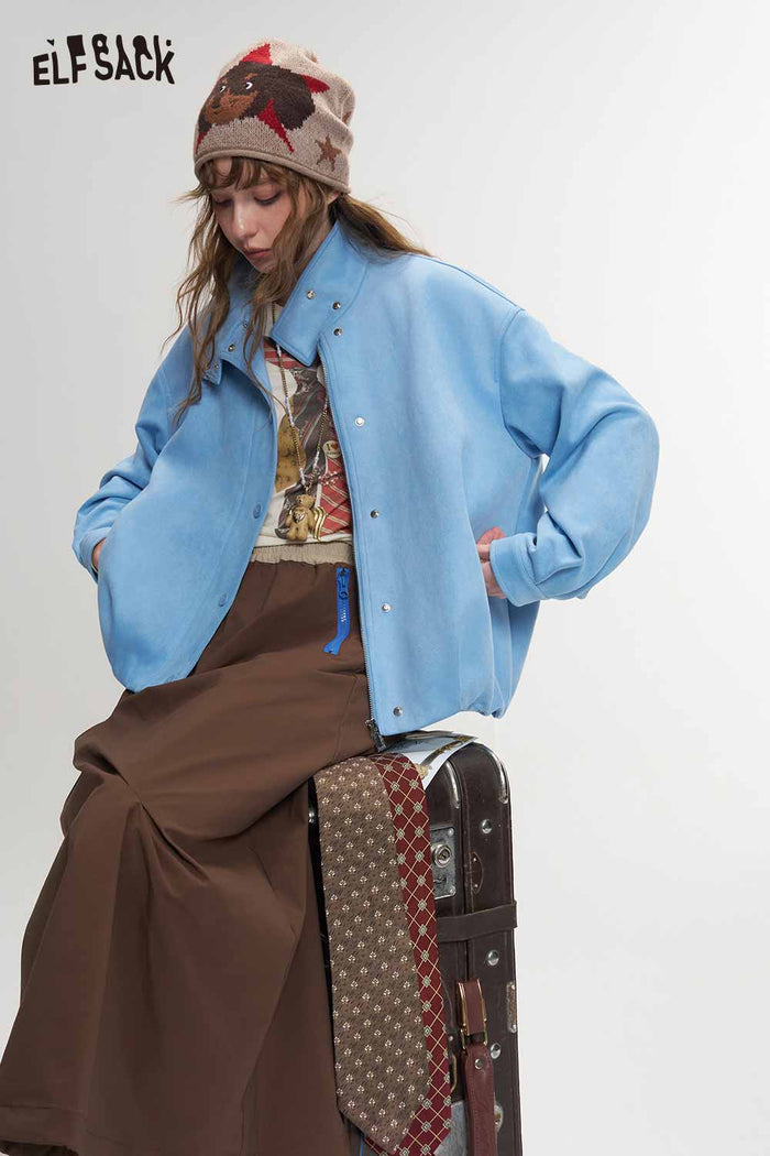 Contrast Collar Fox Embroidery Crop Jacket