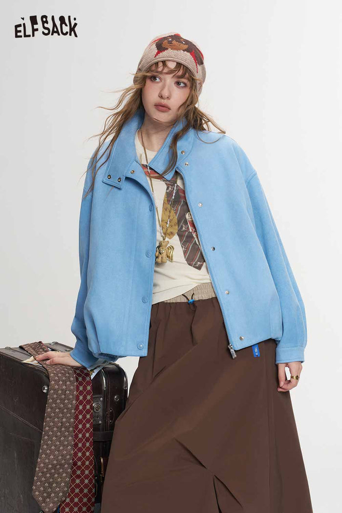 Contrast Collar Fox Embroidery Crop Jacket
