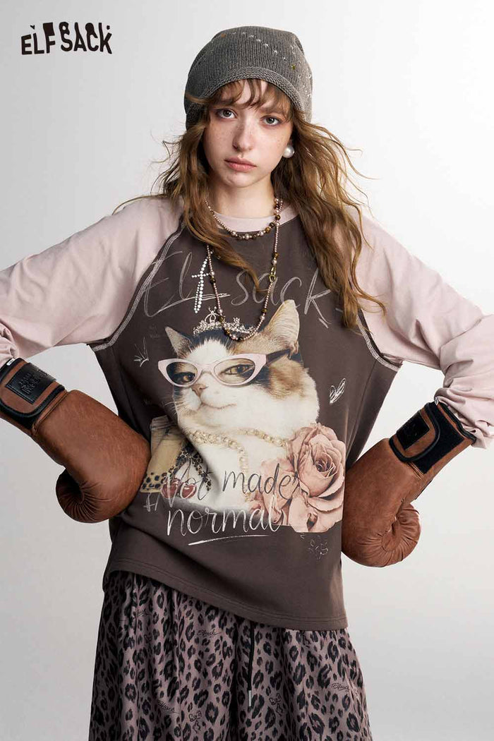 Contrast Raglan Cat Graphic Long Sleeve Tee
