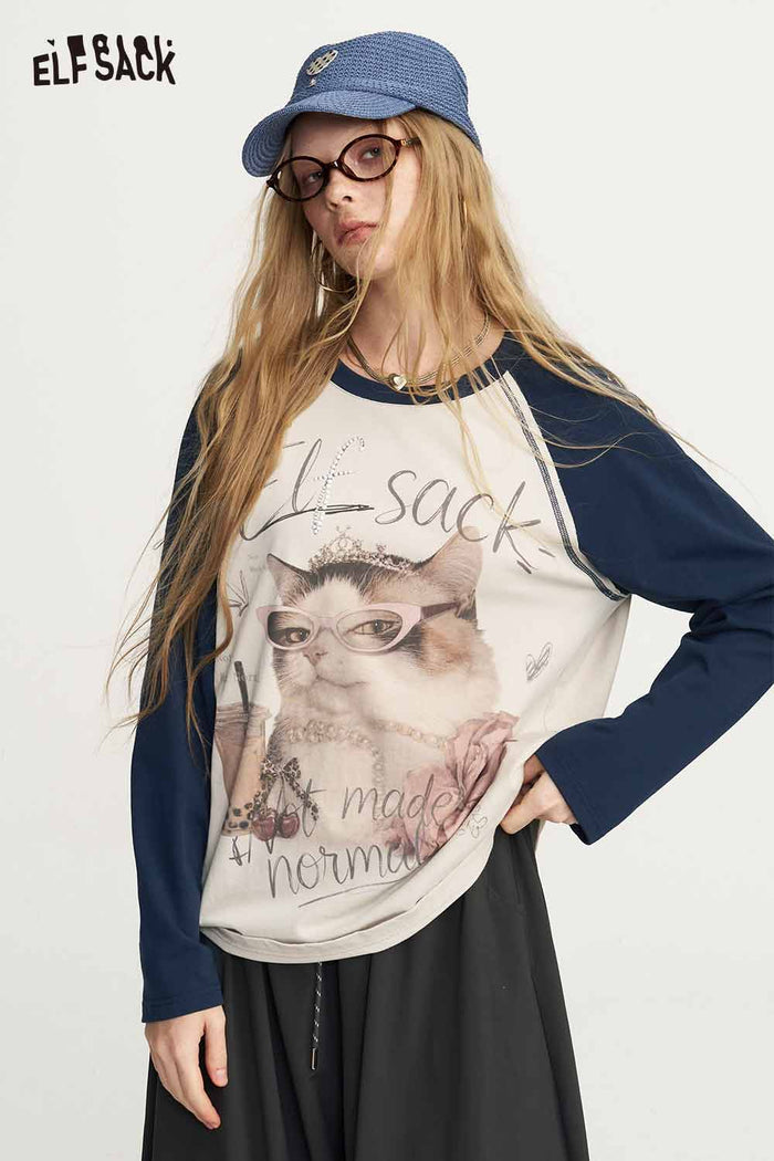 Contrast Raglan Cat Graphic Long Sleeve Tee