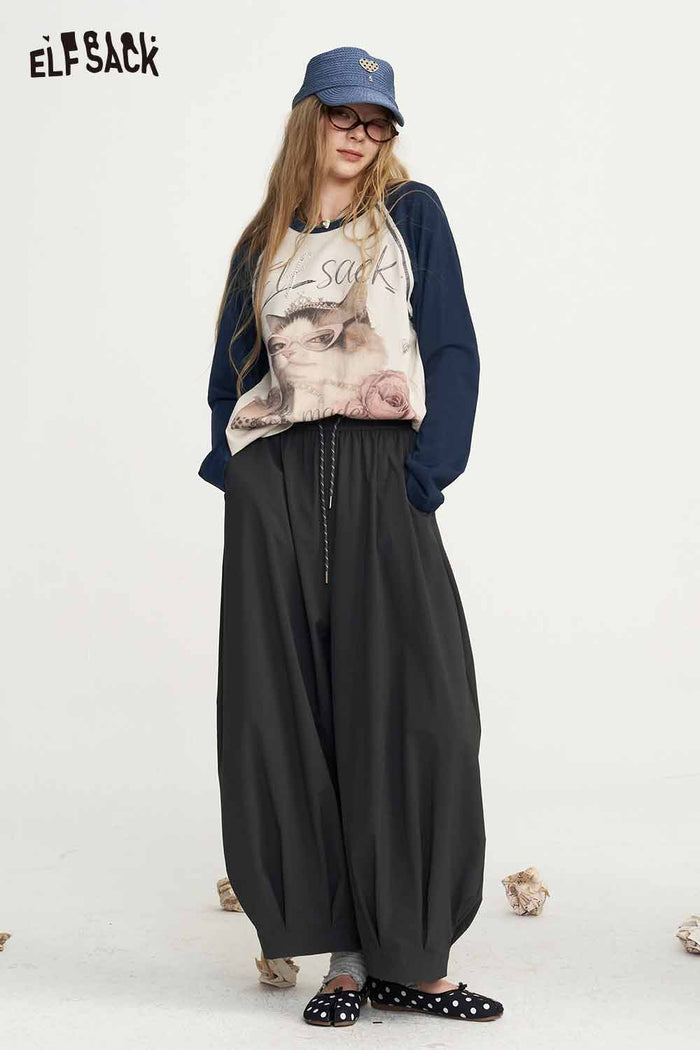 Contrast Raglan Cat Graphic Long Sleeve Tee