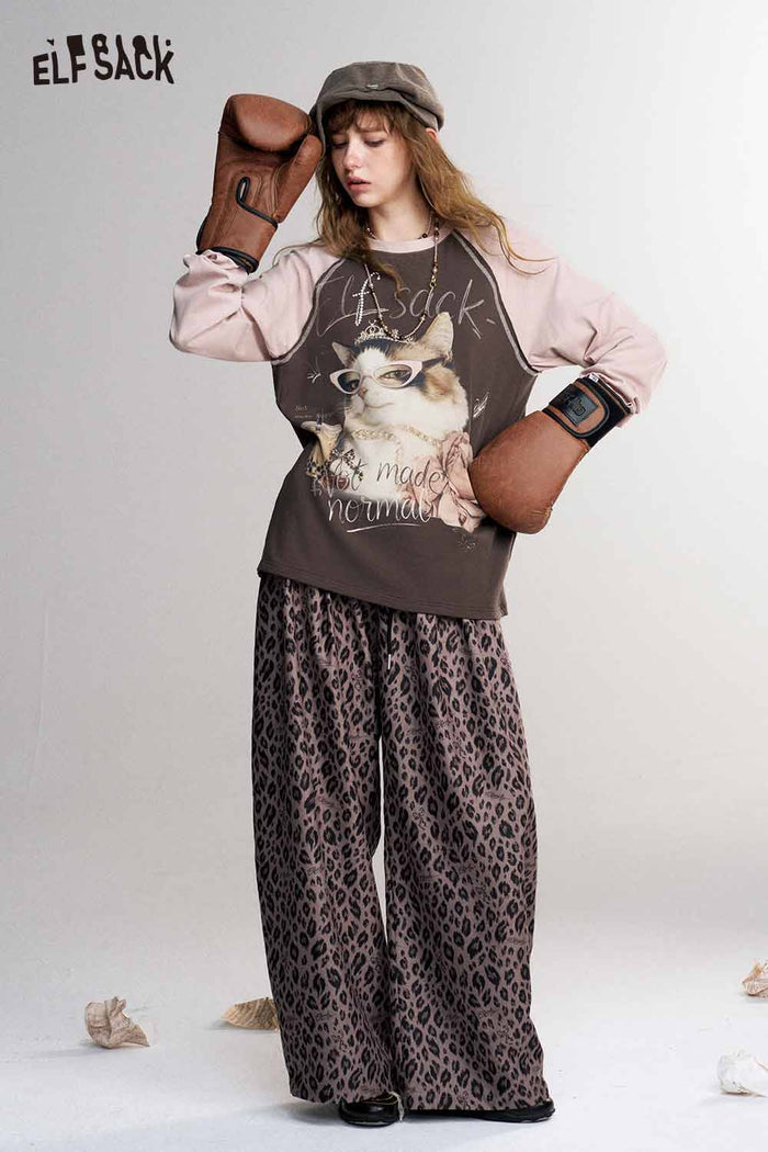 Contrast Raglan Cat Graphic Long Sleeve Tee