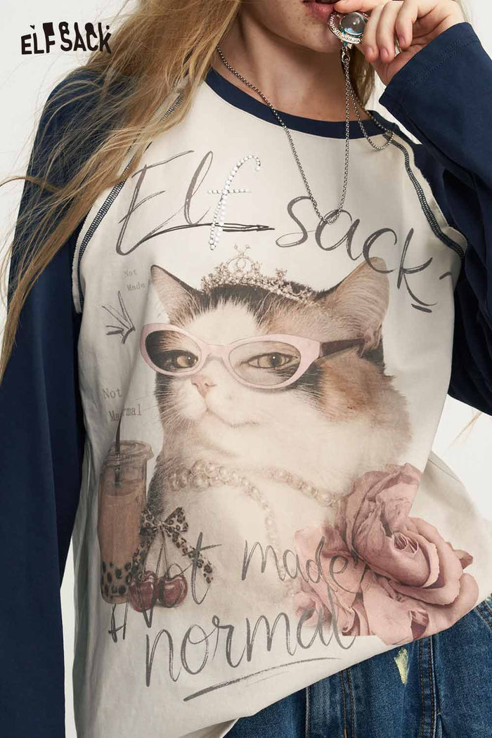 Contrast Raglan Cat Graphic Long Sleeve Tee