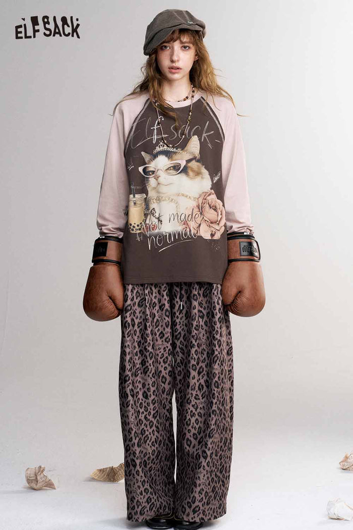 Contrast Raglan Cat Graphic Long Sleeve Tee