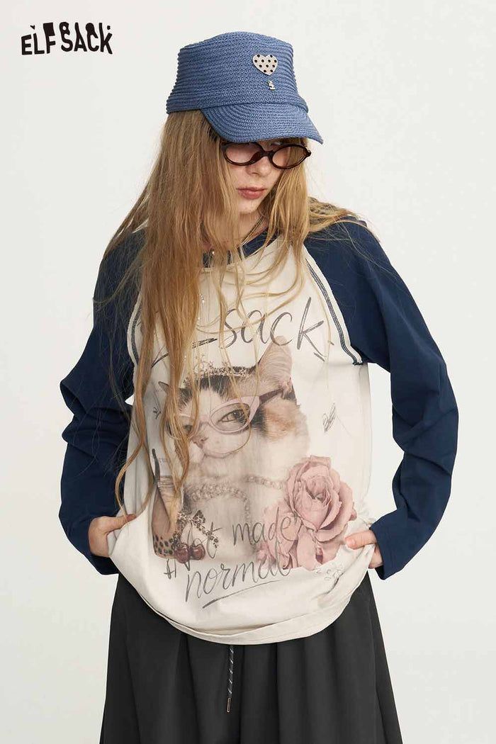 Contrast Raglan Cat Graphic Long Sleeve Tee