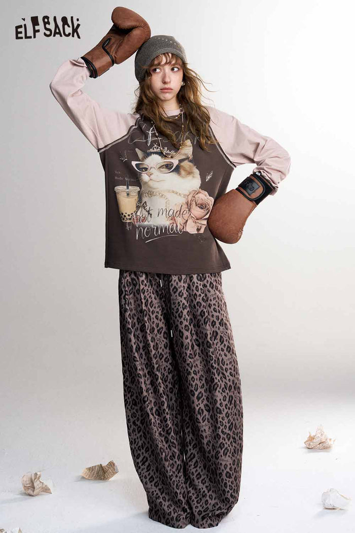 Contrast Raglan Cat Graphic Long Sleeve Tee