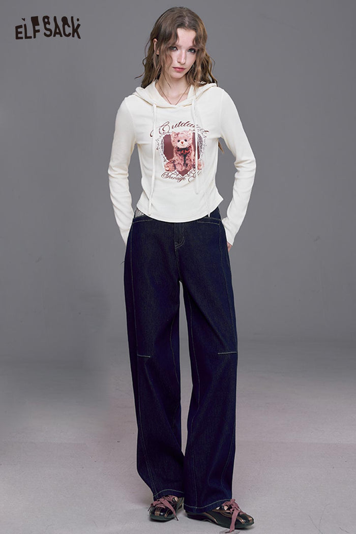 ELFSACK Contrast Stripe and Patchwork Details Relaxed Fit Dark Wash Jeans