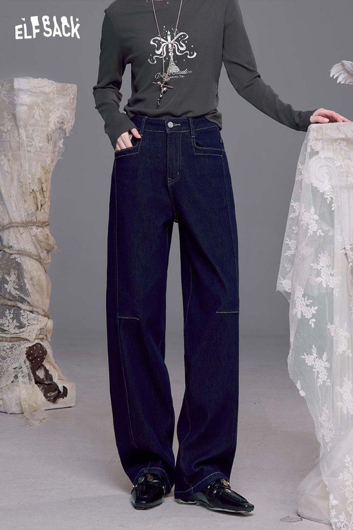 ELFSACK Contrast Stripe and Patchwork Details Relaxed Fit Dark Wash Jeans
