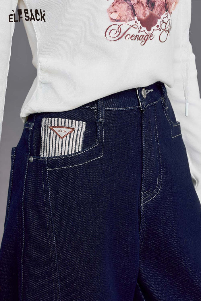 ELFSACK Contrast Stripe and Patchwork Details Relaxed Fit Dark Wash Jeans