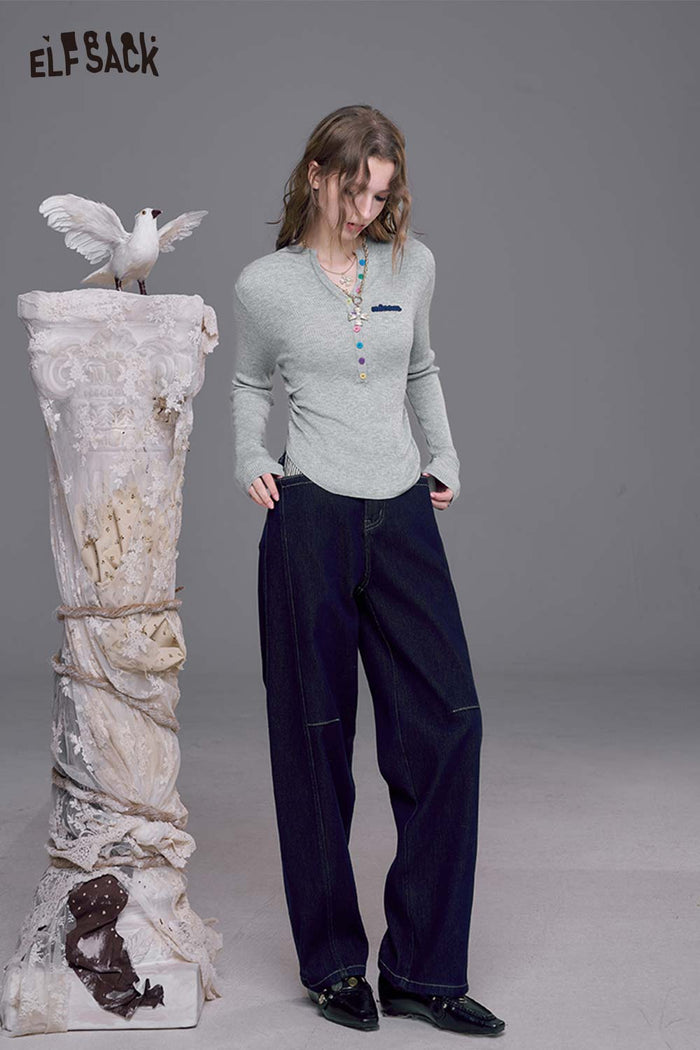 ELFSACK Contrast Stripe and Patchwork Details Relaxed Fit Dark Wash Jeans