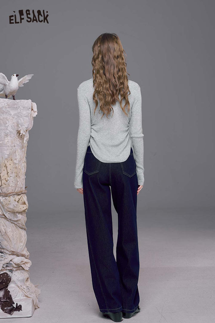 ELFSACK Contrast Stripe and Patchwork Details Relaxed Fit Dark Wash Jeans