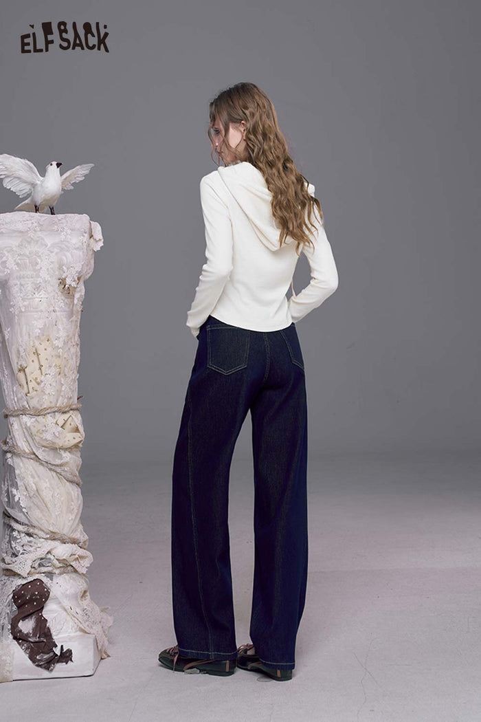 ELFSACK Contrast Stripe and Patchwork Details Relaxed Fit Dark Wash Jeans