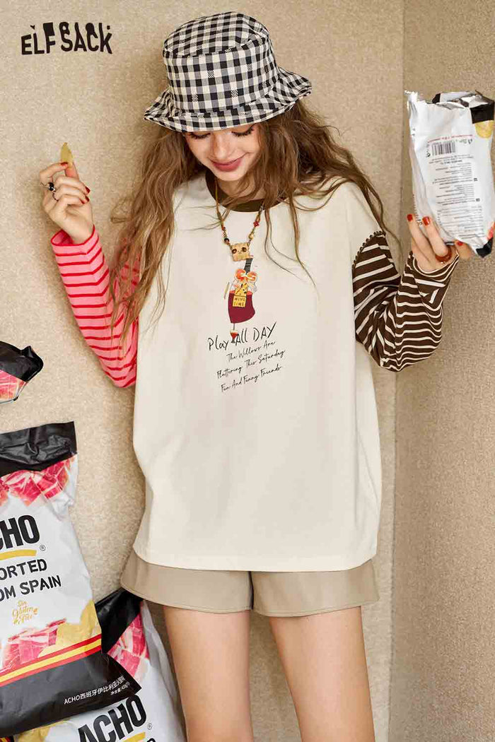 Contrast Striped Sleeve Graphic Ringer Tee