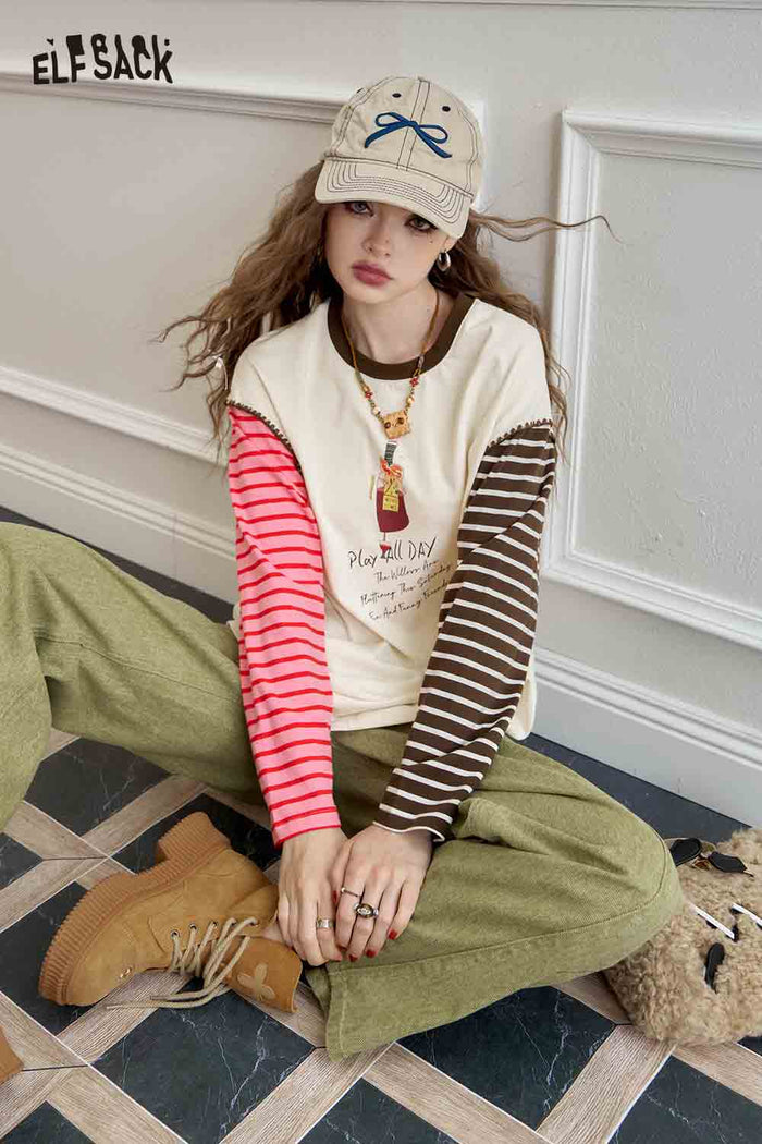 Contrast Striped Sleeve Graphic Ringer Tee