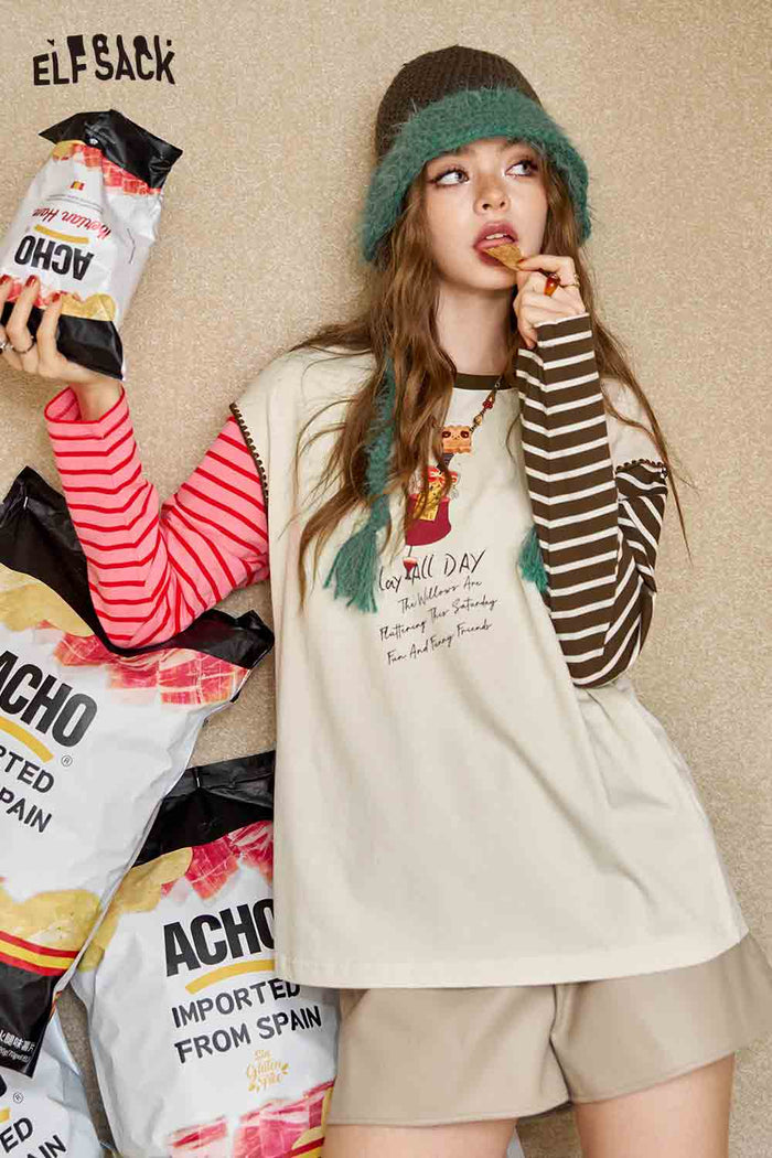 Contrast Striped Sleeve Graphic Ringer Tee