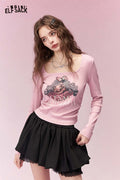 ELFSACK Cool Clown Girl Print Square Neck Shirred Long Sleeve Tshirt