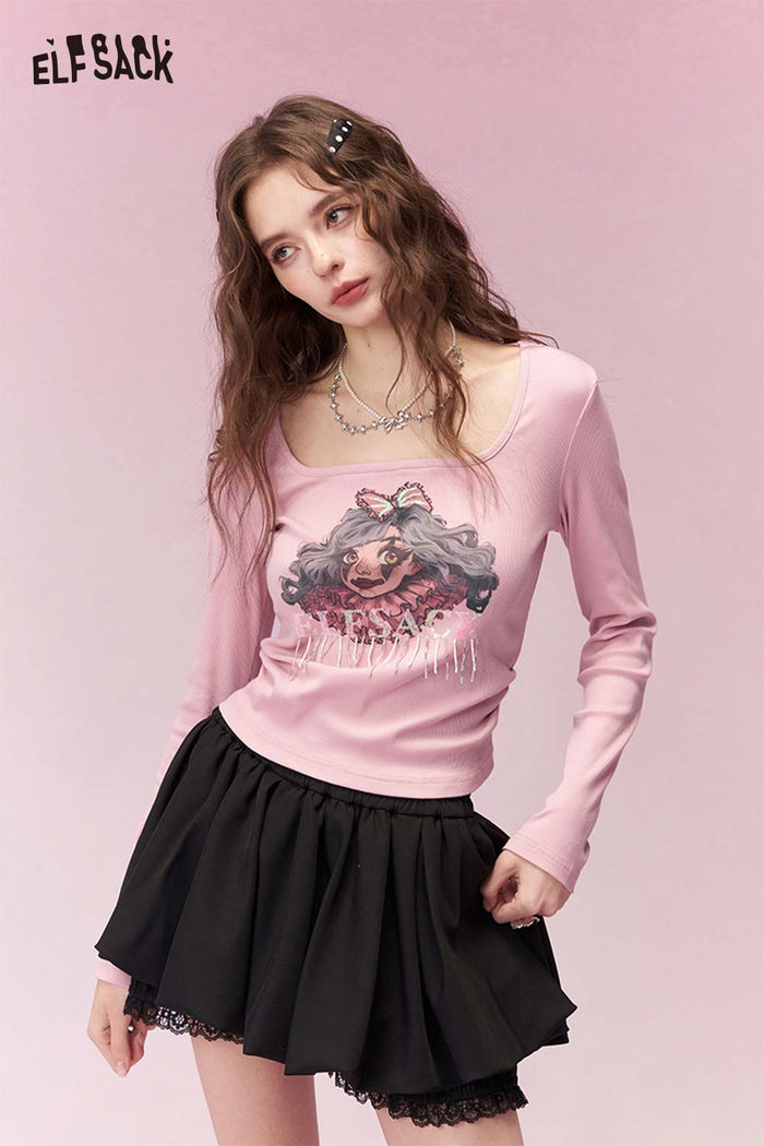 ELFSACK Cool Clown Girl Print Square Neck Shirred Long Sleeve Tshirt