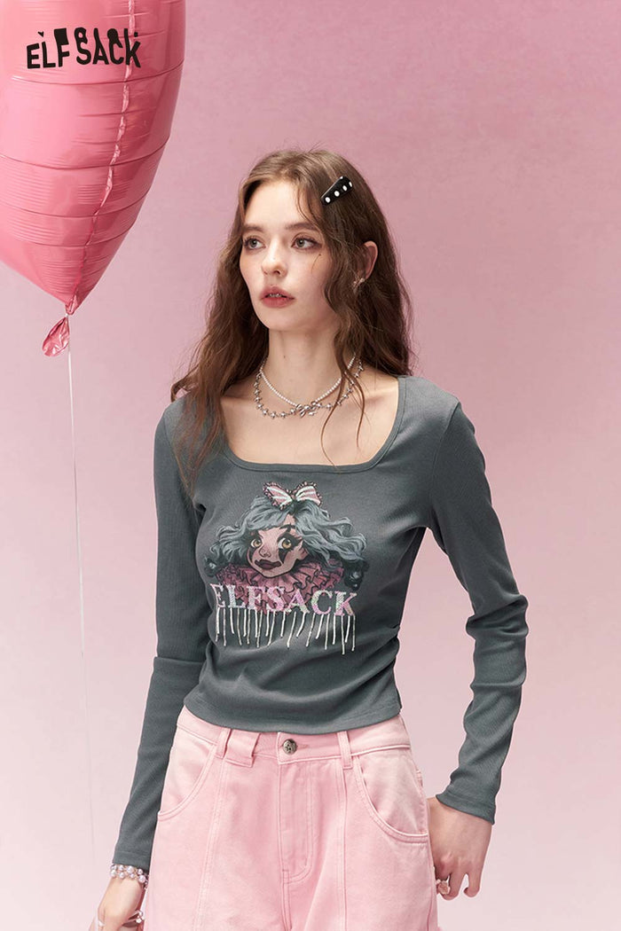 ELFSACK Cool Clown Girl Print Square Neck Shirred Long Sleeve Tshirt