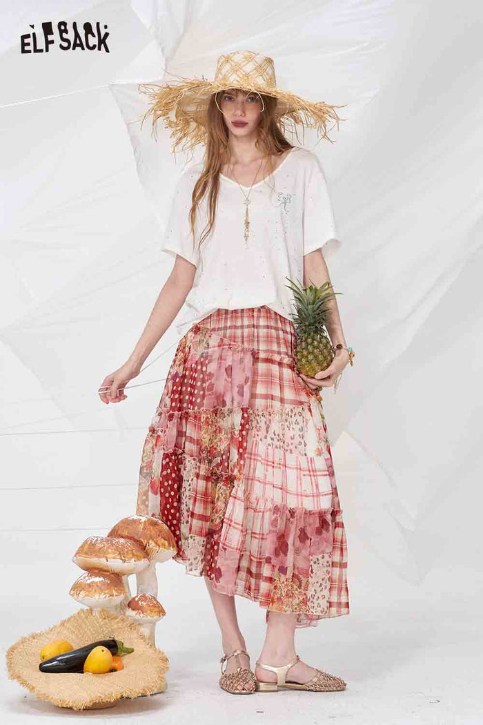 ELFSACK Cottagecore Patchwork Tiered Maxi Skirt