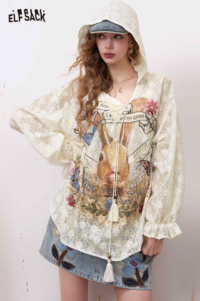 ELFSACK Cottagecore White Lace Blouse with Puff Lantern Sleeves
