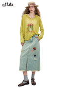 ELFSACK Cotton A-Line Distressed Slit High-Low Hem DenimMidi Skirt