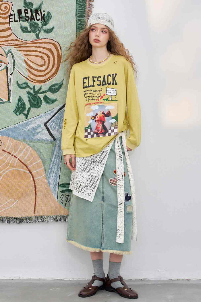 ELFSACK Cotton A-Line Distressed Slit High-Low Hem DenimMidi Skirt
