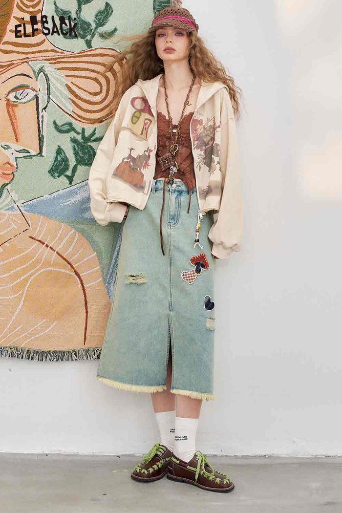 ELFSACK Cotton A-Line Distressed Slit High-Low Hem DenimMidi Skirt