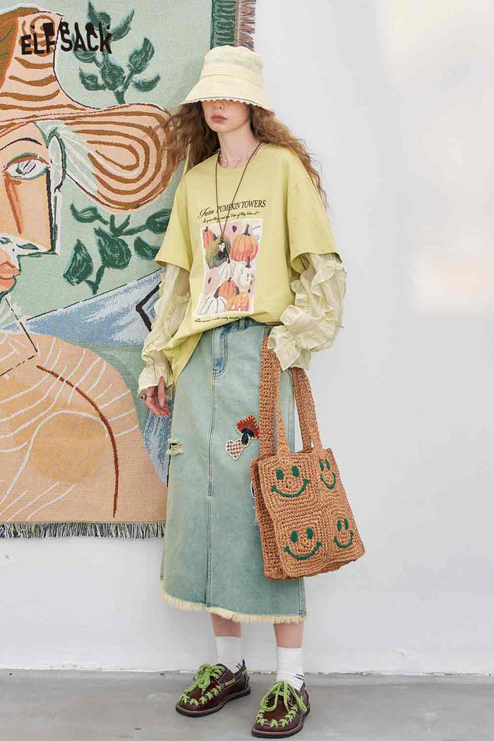 ELFSACK Cotton A-Line Distressed Slit High-Low Hem DenimMidi Skirt