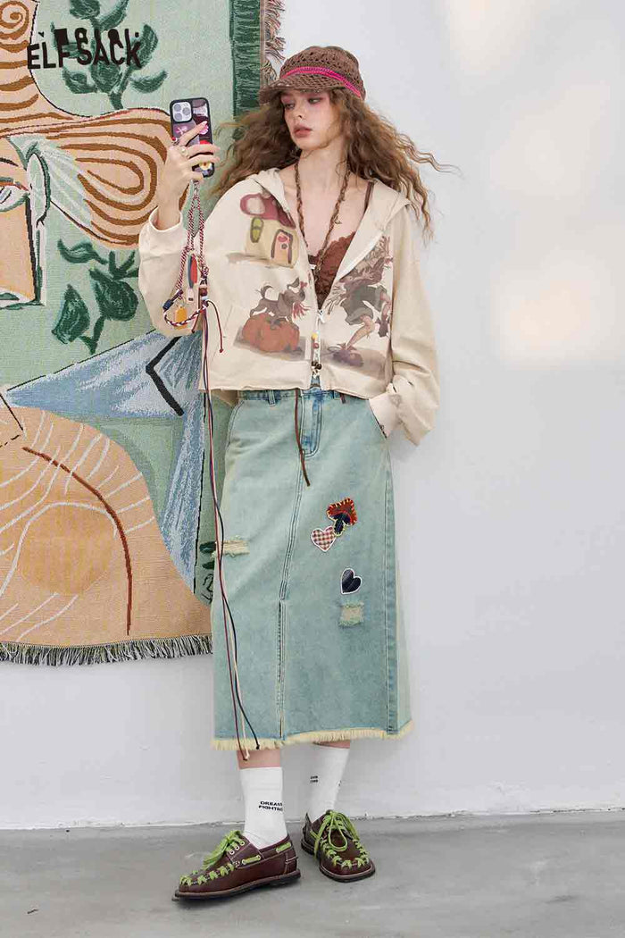 ELFSACK Cotton A-Line Distressed Slit High-Low Hem DenimMidi Skirt