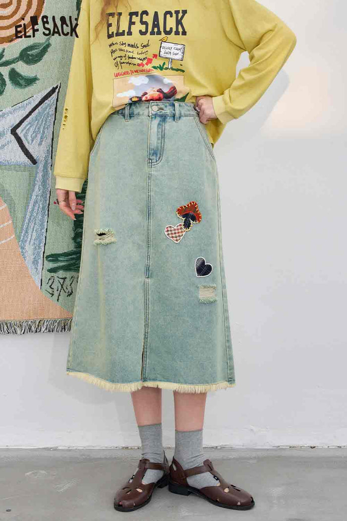 ELFSACK Cotton A-Line Distressed Slit High-Low Hem DenimMidi Skirt