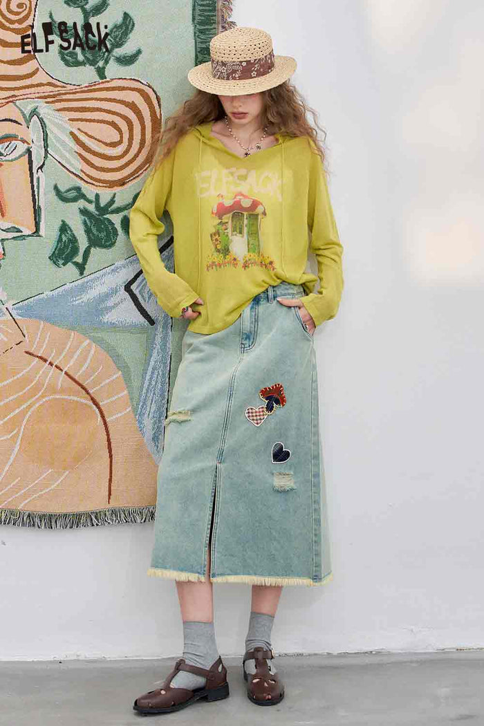 ELFSACK Cotton A-Line Distressed Slit High-Low Hem DenimMidi Skirt