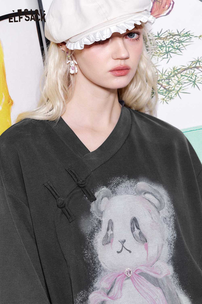 ELFSACK Cotton Blend Chinese Inspired Relaxed Tee