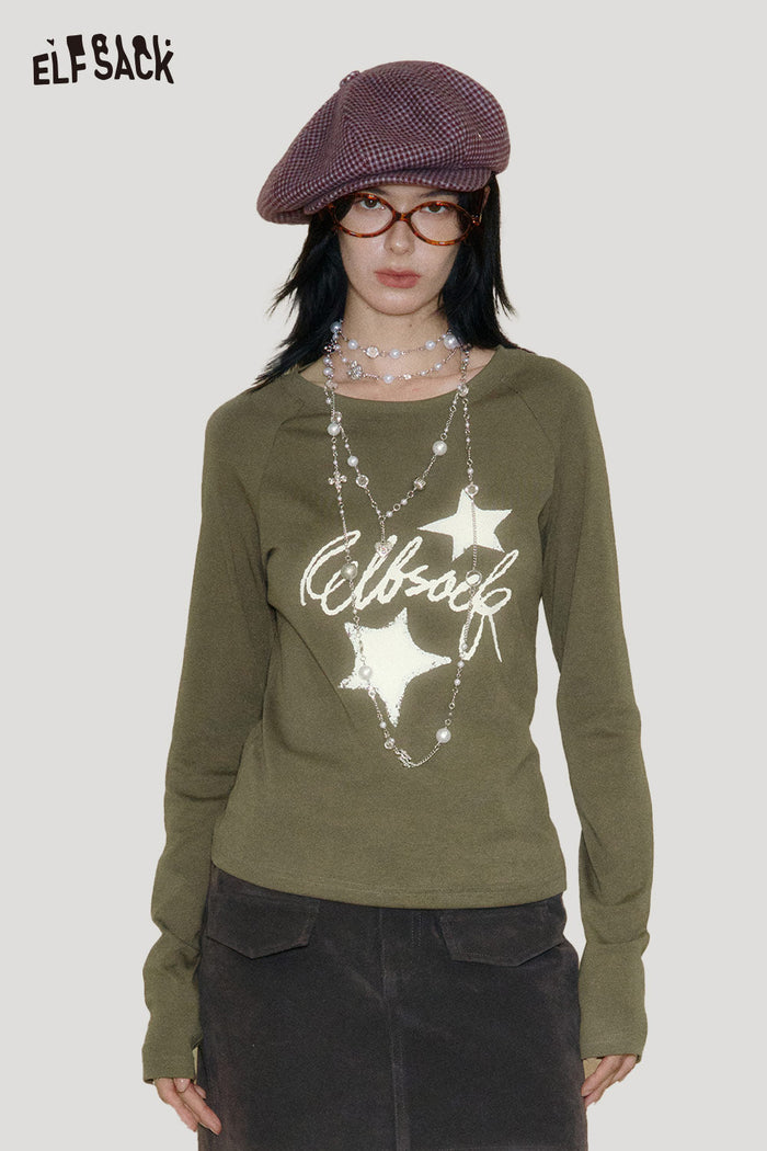 ELFSACK Cotton Blend Constellation Stitch Detail Crew Neck Slim Fit Tee