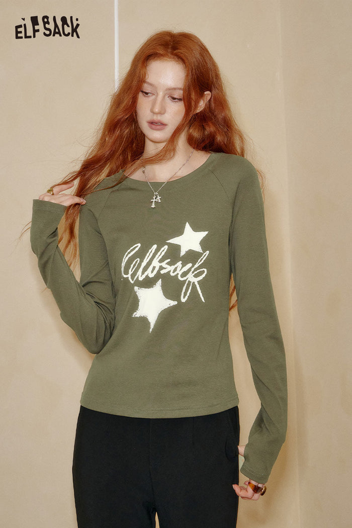 ELFSACK Cotton Blend Constellation Stitch Detail Crew Neck Slim Fit Tee