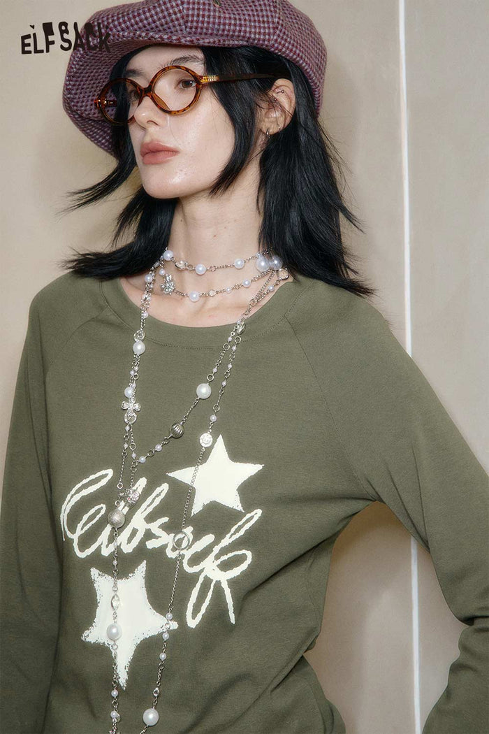 ELFSACK Cotton Blend Constellation Stitch Detail Crew Neck Slim Fit Tee