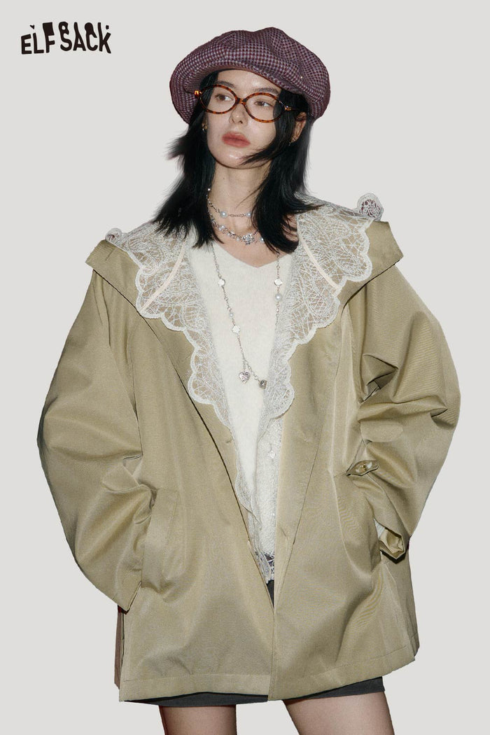 ELFSACK Cotton Blend Hooded Design Lace Panel Lining Short Trench Coat