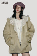 ELFSACK Cotton Blend Hooded Design Lace Panel Lining Short Trench Coat