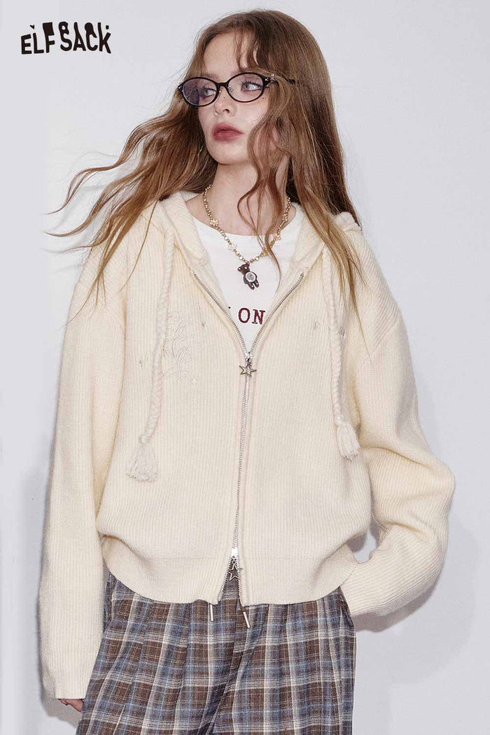 ELFSACK Cotton Blend Knit Embroidery Drop Shoulder Cut Zip-Up sweater