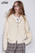ELFSACK Cotton Blend Knit Embroidery Drop Shoulder Cut Zip-Up sweater